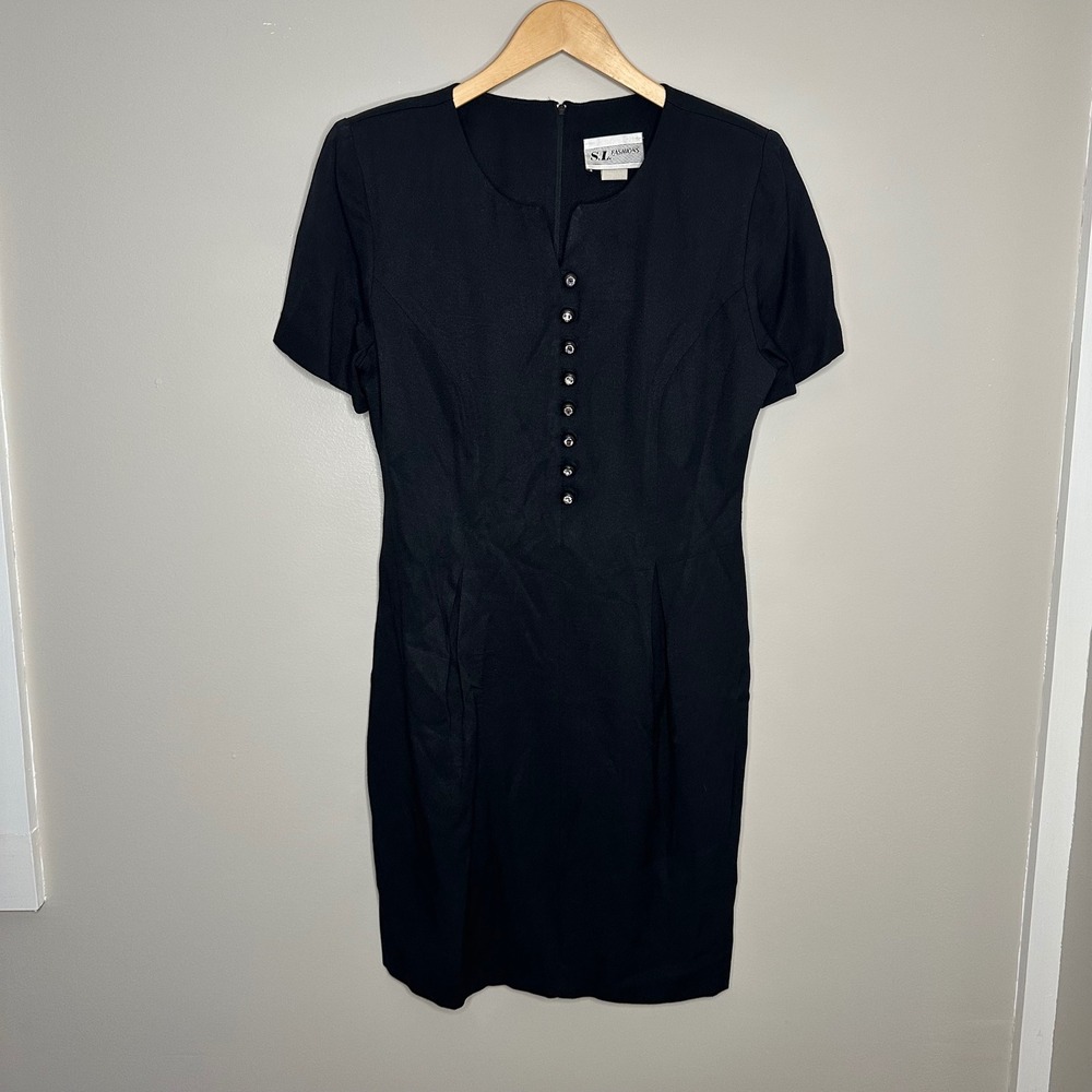 SL Fashions Women's Black Short Sleeve‎ Button Front Knee Length Dress Size 8